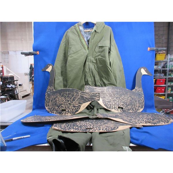 Peerless Garments Ltd. Coveralls & 6 Vintage Canada Goose Ground Decoys