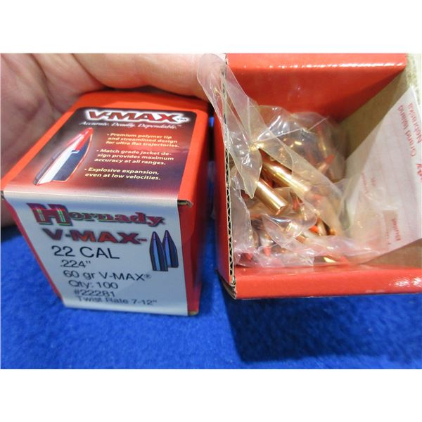 22 Cal. .224" 60gr V-Max Hornady Bullets - Sealed Box of 100, Box of 59