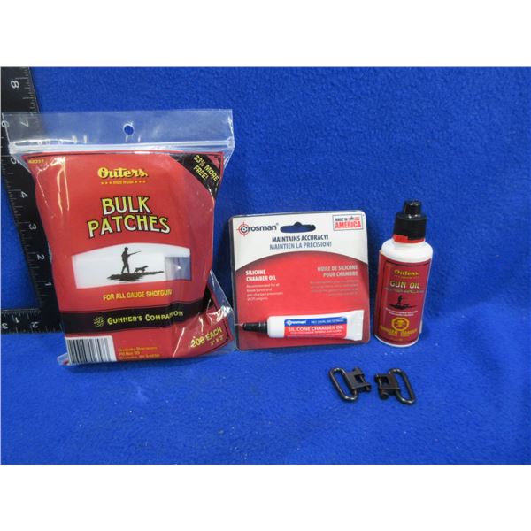 NEW - Outer's Gun Oil & Bulk Patches, Crosman Silicone Chamber Oil, 2 QD Swivels