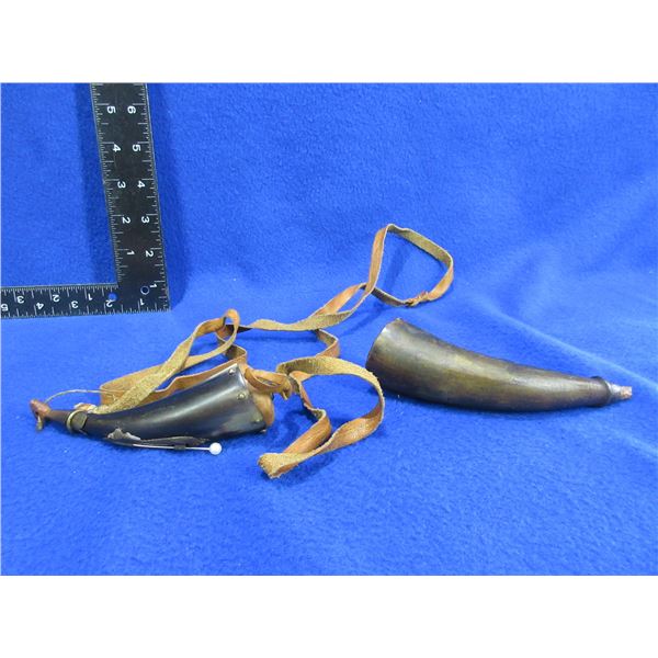 2 Vintage Small Powder Horns - 1 is Cracked, Other has a Leather Strap