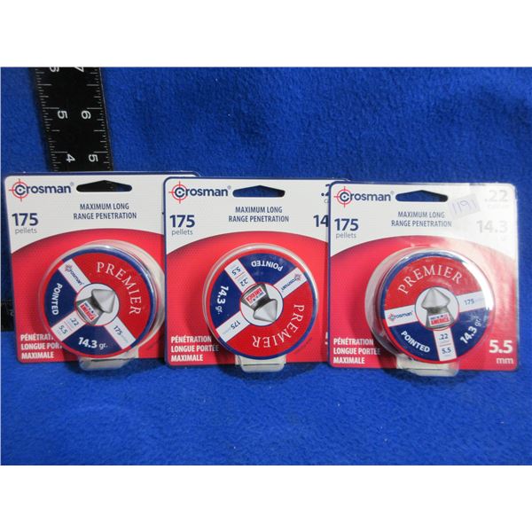 NEW - .22 Cal. 14.3gr Pointed Crosman Premier Pellets - 3 Sealed Packs of 175