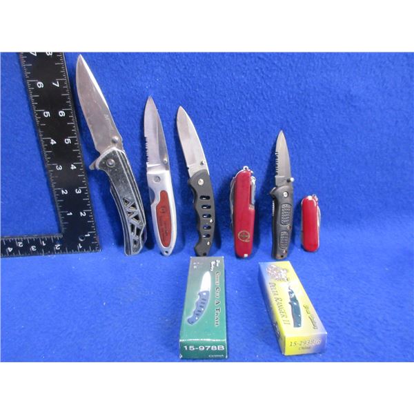 4 Assorted Folding Lock Blade Knives, 1 Swiss Style & 1 Key Chain