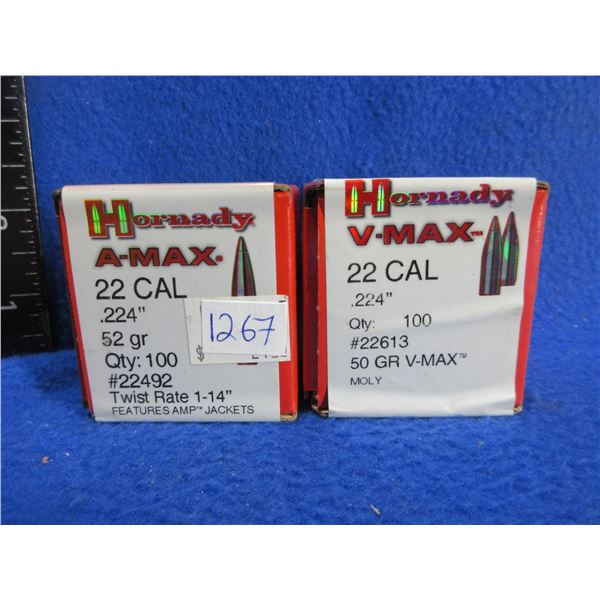 22 Cal. .224"  Hornady Bullets - Box of 100 (50gr V-Max), Box of 100 (52gr A-Max)
