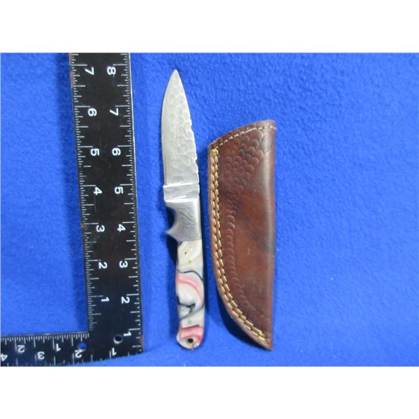 Damascus Fixed Blade Knife with Leather Sheath - 3 1/2" Blade, 8" Total Length