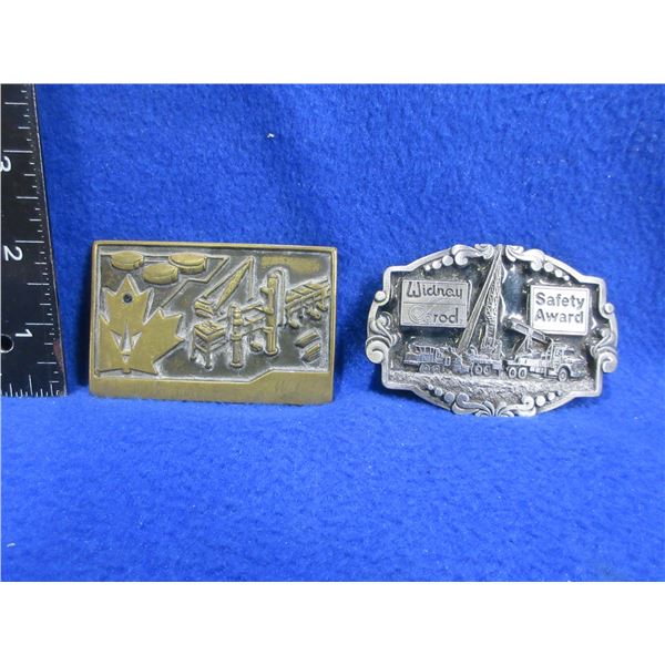 2 Oilfield Belt Buckles - Brass (Joffre Alta) & Widney Rod Safety Award