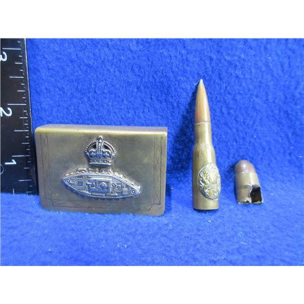 WWI Trench Art w/ Canadian 1st Tank Battalion Collar Badge on Cigarette Pack Holder & 2 Cartridges