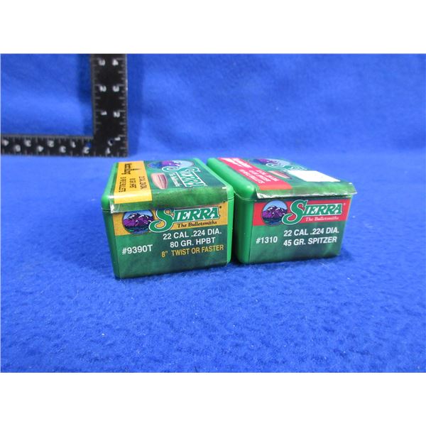 22 Cal. .224" Sierra Bullets - Box of 50 (80gr HPBT), Box of 100 (45gr Spitzer)