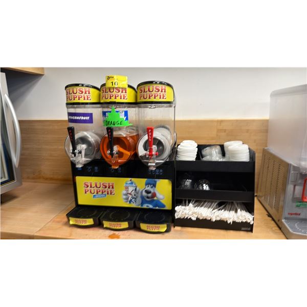 COMMERCIAL SLUSH PUPPIE ORIGINAL 3-BAY SLUSHY MACHINE & ORGANIZER WITH STRAWS, CUPS & LIDS CONTENTS
