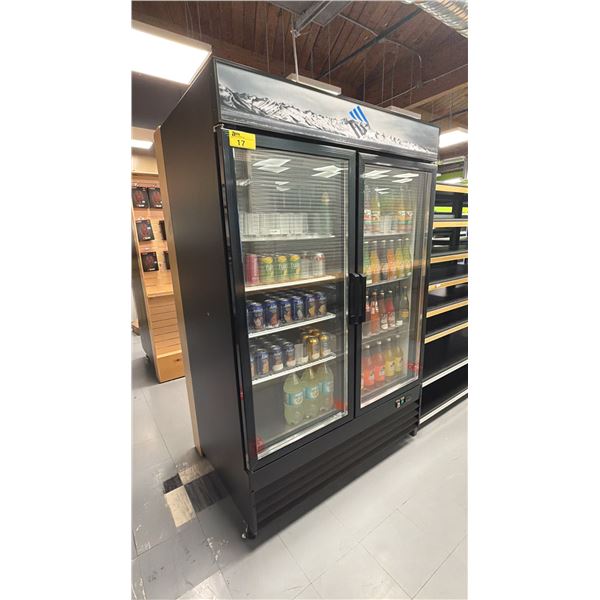 NEWTOP COMMERCIAL BOTTOM MOUNT GLASS DOOR BEVERAGE COOLER SML-GD54R-BLK-SW WITH ASSORTED CANNED