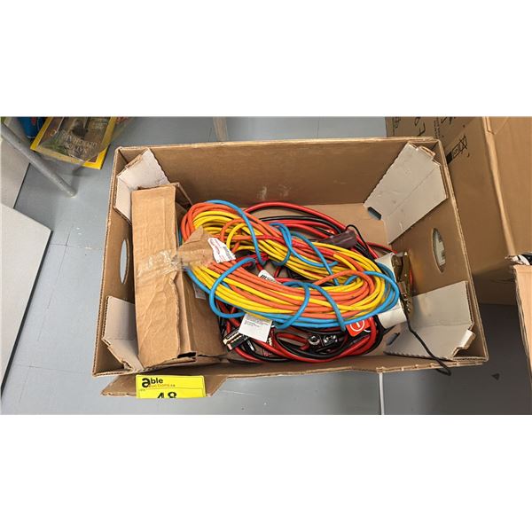 BOX OF ASSORTED ITEMS INCLUDING; EXTENSION CORDS, JUMPER CABLES & MORE