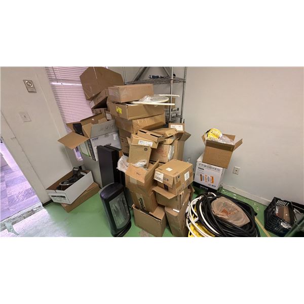 AREA OF ASSORTED ITEMS INCLUDING; HEATER, METRO STYLE RACK, FURNACE DUCT & MORE