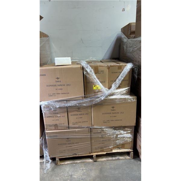 PALLET OF 24 BOXES OF THEO DISPENSER NAPKINS 1PLY - 18 X 500 PER BOX = APPROX 216,000 NAPKINS TOTAL