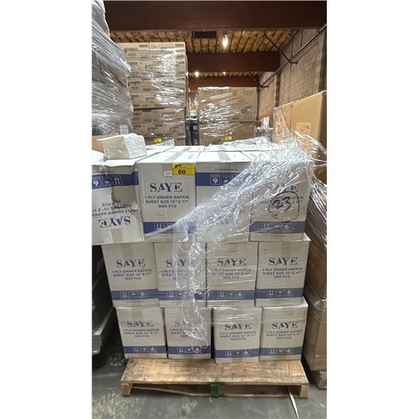 PALLET OF 24 BOXES OF SAYE 1-PLY DINNER NAPKINS - 3,000 PCS PER BOX = APPROX 72,000 NAPKINS TOTAL