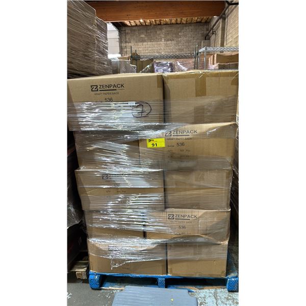 PALLET OF 25 BOXES OF ZENPACK KRAFT PAPER BAGS - 500 BAGS PER BOX = APPROX 12,500 BAGS TOTAL