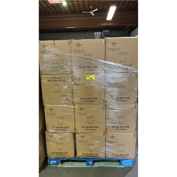 PALLET OF 36 BOXES OF THEO 7OZ PET PLASTIC CUPS - 1,000 PER BOX = APPROX 36,000 CUPS TOTAL *MUST