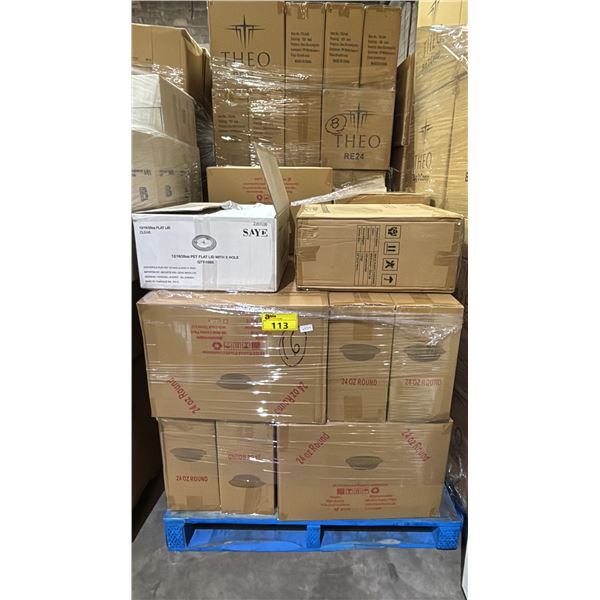 PALLET OF ASSORTED ITEMS INCLUDING; SAYE 12/16/20OZ PET FLAT LID WITH X HOLE, THEO 26OZ 3C PLASTIC