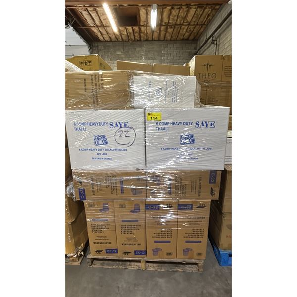 PALLET OF ASSORTED ITEMS INCLUDING; SAYE 6 COMP HEAVY DUTY THAALI WITH LIDS, TD 32OZ PLASTIC DELI