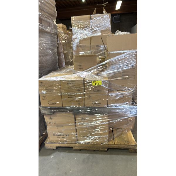PALLET OF THEO 8OZ PET PLASTIC CUPS & 6" PP PLASTIC KNIVES *MUST TAKE ALL*
