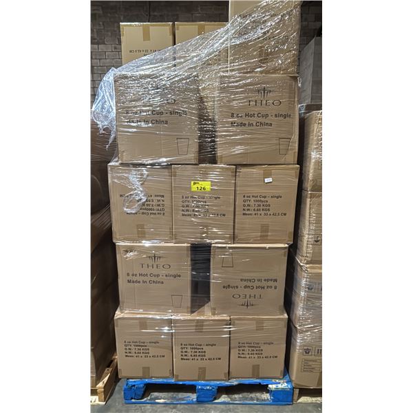 PALLET OF APPROX 24 BOXES OF THEO 8 OZ SINGLE HOT CUPS - 1,000 PER BOX = APPROX 24,000 CUPS TOTAL
