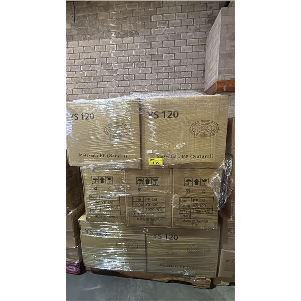 PALLET OF 15 BOXES OF YS120 ROUND PLASTIC LIDS - 1,000 PER BOX = APPROX 15,000 LIDS TOTAL *MUST TAKE