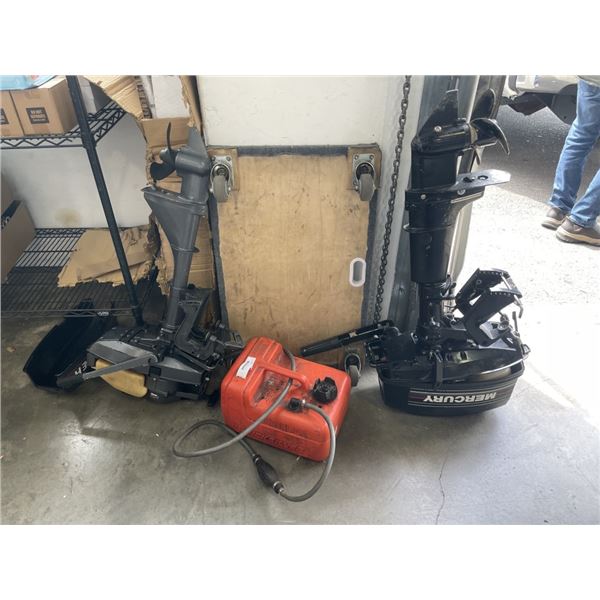 MERCURY  AND MARINER 2.5HP BOAT MOTORS W/ JERRY CAN - BOTH NEED SOME WORK