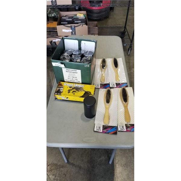 NEW TIN CANISTERS, BURSHES, AND GLOVES