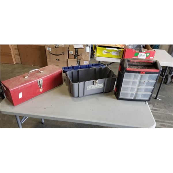 METAL TOOLS BOX W/ CONTENTS AND 2 PARTS ORGANIZERS