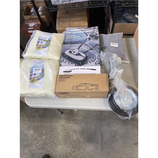 BOX OF AUTOMOTIVE ITEMS INCULDING RV COVER AND SEANAL WHEEL COVER AND BENDING CAR MOP