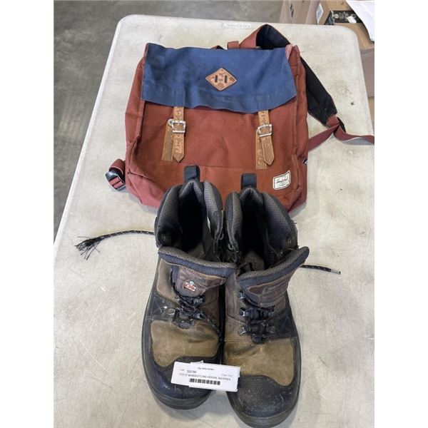PAIR OF WORKBOOTS AND HERSHEL BACKPACK