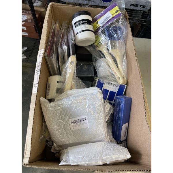 BOX OF WORK SUPPLIES INCLUDING PAINT BRUSHES SHIM GAP AND MORE