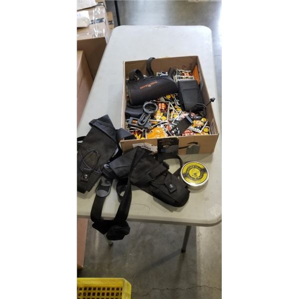 APPROX 50 HAND WARMERS AND VARIOUS HUNTING HOLSTERS, OPTICS, ETC