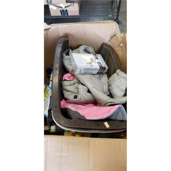 BOX OF ANIMAL SUPPLIES - NEW TOYS, LITTER BOX, COATS