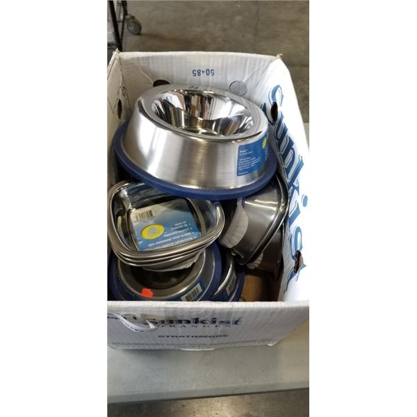BOX OF NEW STAINLESS DOG BOWLS - SMALL MEDIUM AND LARGE