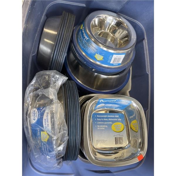 TOTE OF NEW STAINLESS DOG BOWLS - SMALL MEDIUM AND LARGE