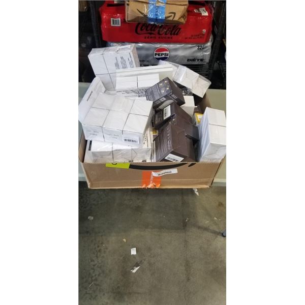 BOX OF NEW AMAZON RETURN ITEMS INCLUDING LIGHT BULBS AND LED ALARM CLOCKS AND MORE
