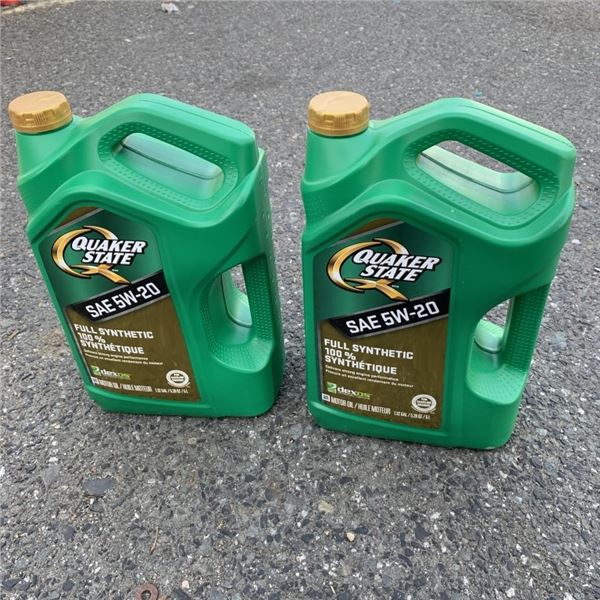 TWO NEW JUGS OF 5 GALLON QUAKER STATE SAE 5W-20 SYNTHETIC MOTOR OIL