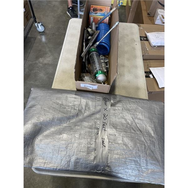 MISC VEHICLE PARTS INCLUDING GREASE GUN, TRAILER CONNECTION, AIR LINE, AND A TARP