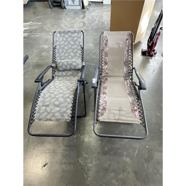 2 ZERO GRAVITY PATIO LOUNGE CHAIRS, ONE IS CAMOFLOUGE