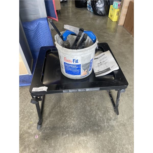 TABLE SAW DUST COLLECTION STAND AND BUCKET OF ACCESSORIES