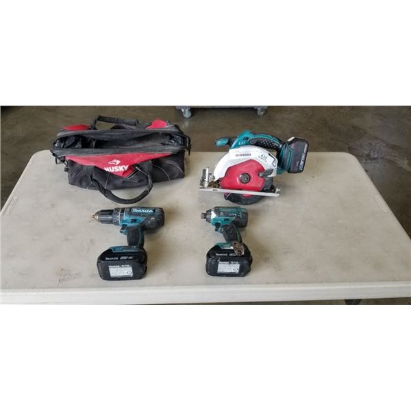 MAKITA CORDLESS CIRCULAR SAW WITH IMPACT GUN AND DRILL, 3 BATTERIES INCLUDING ONE 4.0AH AND CARRY BA