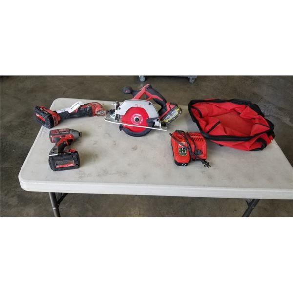 MILWAUKEE 3PC CORDLESS M18 TOOL SET WITH CIRCULAR SAW, OSCILLATING MULTI TOOL, AND IMPACT DRILL, WIT