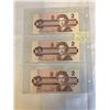 Image 2 : 3 MINT 1986 CANADIAN $2 BILLS IN SEQUENCE, LAST YEAR OF THE $2 BILL