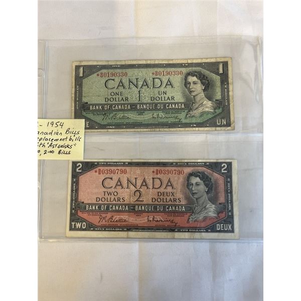 2 1954 CANADIAN REPLACEMENT BILLS W/ ASTERICKS $1 AND $2