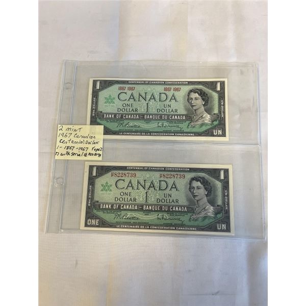 2 MINT 1967 CANADIAN CENTENNIAL DOLLARS TYPE 1 AND 2, SERIAL NUMBER AND 1867-1967