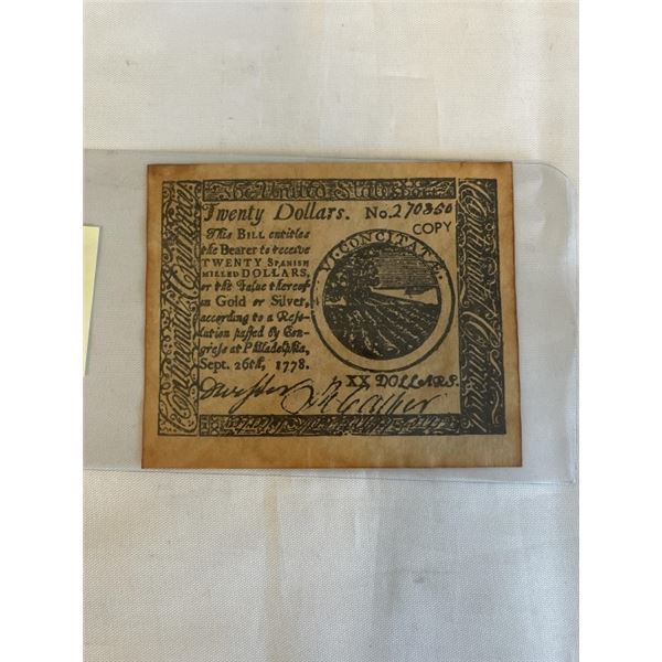 SEPT 26, 1778 TWENTY DOLLAR THE UNITED STATES BILL - COPY