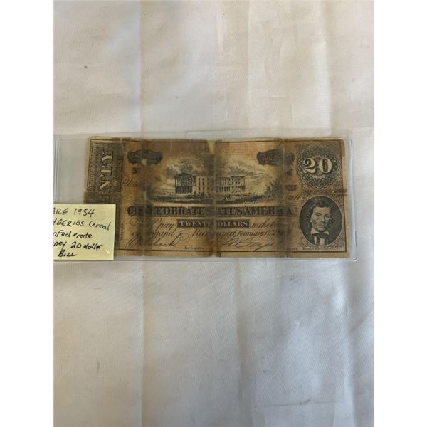 RARE 1954 CHERRIOS CEREAL CONFEDERATE MONEY, $20 BILL