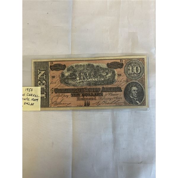 RARE 1954 CHERRIOS CEREAL CONFEDERATE MONEY, MINT $10 BILL
