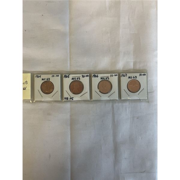 4 MINT STATE 63 CANADIAN CENTS 1964, 1965, 1966, 1967 CENTENNIAL YEAR