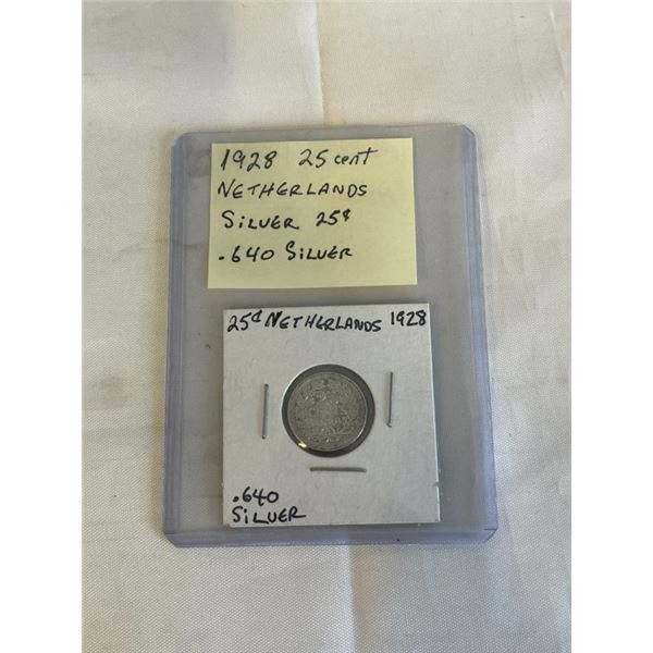 1928 25 CENT NETHERLANDS SILVER .640