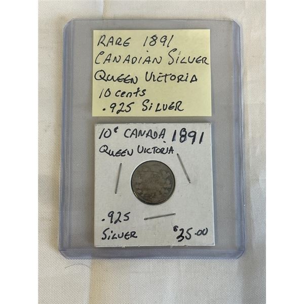 RARE 1891 CANADIAN SILVER QUEEN VICTORIA 10 CENT .925 SILVER